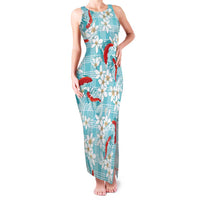 Turquoise Palaka Hawaii Aloha Family Matching Tank Maxi Dress and Hawaiian Shirt Koi Pond Mix Plumeria - Polynesian Pride