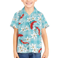 Turquoise Palaka Hawaii Aloha Family Matching Tank Maxi Dress and Hawaiian Shirt Koi Pond Mix Plumeria - Polynesian Pride