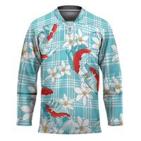 Turquoise Palaka Hawaii Aloha Hockey Jersey Koi Pond Mix Plumeria LT7 Unisex Turquoise - Polynesian Pride