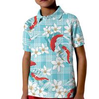 Turquoise Palaka Hawaii Aloha Kid Polo Shirt Koi Pond Mix Plumeria LT7 Kid Turquoise - Polynesian Pride