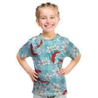 Turquoise Palaka Hawaii Aloha Kid T Shirt Koi Pond Mix Plumeria LT7 Turquoise - Polynesian Pride