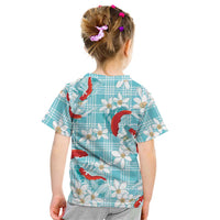 Turquoise Palaka Hawaii Aloha Kid T Shirt Koi Pond Mix Plumeria LT7 - Polynesian Pride