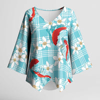 Turquoise Palaka Hawaii Aloha Kimono Sleeve Blouse Koi Pond Mix Plumeria - Polynesian Pride