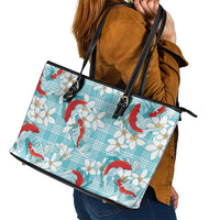 Turquoise Palaka Hawaii Aloha Leather Tote Bag Koi Pond Mix Plumeria - Polynesian Pride