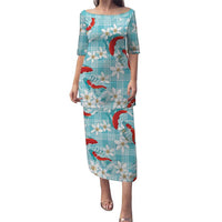 Turquoise Palaka Hawaii Aloha Puletasi Koi Pond Mix Plumeria LT7 Long Dress Turquoise - Polynesian Pride