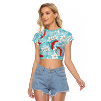 Turquoise Palaka Hawaii Aloha Raglan Cropped T Shirt Koi Pond Mix Plumeria LT7 Female Turquoise - Polynesian Pride