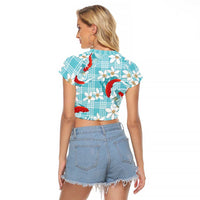 Turquoise Palaka Hawaii Aloha Raglan Cropped T Shirt Koi Pond Mix Plumeria LT7 - Polynesian Pride