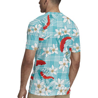 Turquoise Palaka Hawaii Aloha Rugby Jersey Koi Pond Mix Plumeria LT7 - Polynesian Pride