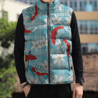 Turquoise Palaka Hawaii Aloha Sleeveless Puffer Jacket Koi Pond Mix Plumeria - Polynesian Pride