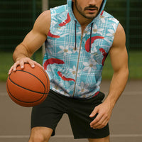 Turquoise Palaka Hawaii Aloha Sleeveless Zip Hoodie Koi Pond Mix Plumeria - Polynesian Pride