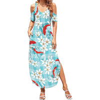 Turquoise Palaka Hawaii Aloha Summer Maxi Dress Koi Pond Mix Plumeria LT7 Women Turquoise - Polynesian Pride