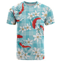 Turquoise Palaka Hawaii Aloha T Shirt Koi Pond Mix Plumeria LT7 Turquoise - Polynesian Pride