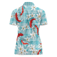 Turquoise Palaka Hawaii Aloha Women Polo Shirt Koi Pond Mix Plumeria - Polynesian Pride