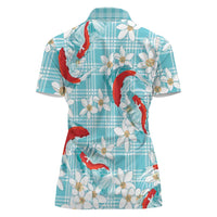 Turquoise Palaka Hawaii Aloha Women Polo Shirt Koi Pond Mix Plumeria LT7 - Polynesian Pride