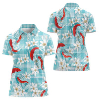 Turquoise Palaka Hawaii Aloha Women Polo Shirt Koi Pond Mix Plumeria LT7 - Polynesian Pride