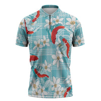 Turquoise Palaka Hawaii Aloha Zipper Polo Shirt Koi Pond Mix Plumeria LT7 Turquoise - Polynesian Pride