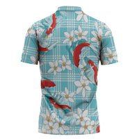 Turquoise Palaka Hawaii Aloha Zipper Polo Shirt Koi Pond Mix Plumeria LT7 - Polynesian Pride