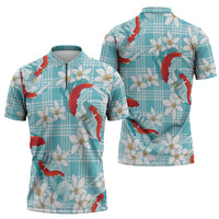 Turquoise Palaka Hawaii Aloha Zipper Polo Shirt Koi Pond Mix Plumeria LT7 - Polynesian Pride