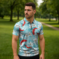 Turquoise Palaka Hawaii Aloha Zipper Polo Shirt Koi Pond Mix Plumeria LT7 - Polynesian Pride