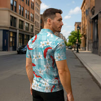 Turquoise Palaka Hawaii Aloha Zipper Polo Shirt Koi Pond Mix Plumeria LT7 - Polynesian Pride