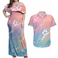 Aloha Hawaii Floral Tapa Couples Matching Off Shoulder Maxi Dress and Hawaiian Shirt Patchwork Pastel Candy LT7 Pastel - Polynesian Pride
