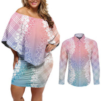 Hawaii Aloha Plumeria Lei Pastel Candy Palaka Couples Matching Off Shoulder Short Dress and Long Sleeve Button Shirt LT7 Pastel - Polynesian Pride