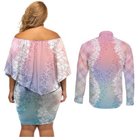 Hawaii Aloha Plumeria Lei Pastel Candy Palaka Couples Matching Off Shoulder Short Dress and Long Sleeve Button Shirt LT7 - Polynesian Pride