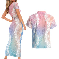 Hawaii Aloha Plumeria Lei Pastel Candy Palaka Couples Matching Short Sleeve Bodycon Dress and Hawaiian Shirt - Polynesian Pride