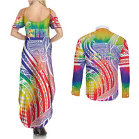 Aloha Pride Rainbow Tie Dye Couples Matching Summer Maxi Dress and Long Sleeve Button Shirt Humpback Whale - Love is Love