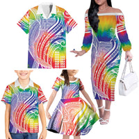 Aloha Pride Rainbow Tie Dye Family Matching Off The Shoulder Long Sleeve Dress and Hawaiian Shirt Humpback Whale - Love is Love