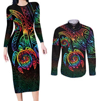 Hawaii Pride Couples Matching Long Sleeve Bodycon Dress and Long Sleeve Button Shirt Rainbow Swirls LT7 Colorful - Polynesian Pride