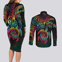 Hawaii Pride Couples Matching Long Sleeve Bodycon Dress and Long Sleeve Button Shirt Rainbow Swirls LT7 - Polynesian Pride
