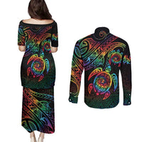 Hawaii Pride Couples Matching Puletasi and Long Sleeve Button Shirt Rainbow Swirls LT7 - Polynesian Pride