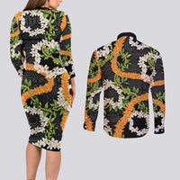 Aloha Festive Hawaii Couples Matching Long Sleeve Bodycon Dress and Long Sleeve Button Shirt Mokihana - Maile and Ilima on Black - Polynesian Pride