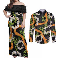 Aloha Festive Hawaii Couples Matching Off Shoulder Maxi Dress and Long Sleeve Button Shirt Mokihana - Maile and Ilima on Black - Polynesian Pride