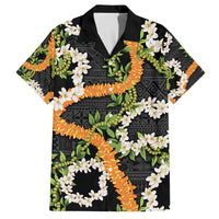 Aloha Festive Hawaii Family Matching Off The Shoulder Long Sleeve Dress and Hawaiian Shirt Mokihana - Maile and Ilima on Black - Polynesian Pride