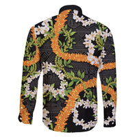 Aloha Festive Hawaii Family Matching Off The Shoulder Long Sleeve Dress and Hawaiian Shirt Mokihana - Maile and Ilima on Black - Polynesian Pride