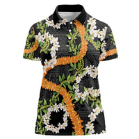 Aloha Festive Hawaii Women Polo Shirt Mokihana - Maile and Ilima on Black LT7 Female Black - Polynesian Pride