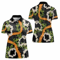 Aloha Festive Hawaii Women Polo Shirt Mokihana - Maile and Ilima on Black LT7 - Polynesian Pride