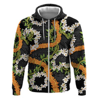 Aloha Festive Hawaii Zip Hoodie Mokihana - Maile and Ilima on Black - Polynesian Pride