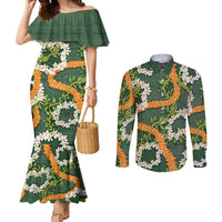 Aloha Festive Hawaii Couples Matching Mermaid Dress and Long Sleeve Button Shirt Mokihana - Maile and Ilima on Forest Green - Polynesian Pride