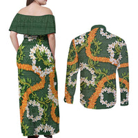 Aloha Festive Hawaii Couples Matching Off Shoulder Maxi Dress and Long Sleeve Button Shirt Mokihana - Maile and Ilima on Forest Green - Polynesian Pride