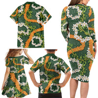 Aloha Festive Hawaii Family Matching Long Sleeve Bodycon Dress and Hawaiian Shirt Mokihana - Maile and Ilima on Forest Green - Polynesian Pride