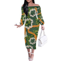 Aloha Festive Hawaii Family Matching Off The Shoulder Long Sleeve Dress and Hawaiian Shirt Mokihana - Maile and Ilima on Forest Green - Polynesian Pride