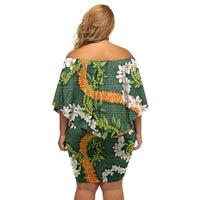 Aloha Festive Hawaii Off Shoulder Short Dress Mokihana - Maile and Ilima on Forest Green - Polynesian Pride