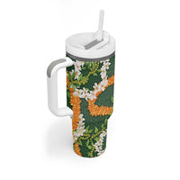 Aloha Festive Hawaii Tumbler With Handle Mokihana - Maile and Ilima on Forest Green - Polynesian Pride