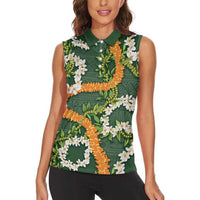 Aloha Festive Hawaii Women Sleeveless Polo Shirt Mokihana - Maile and Ilima on Forest Green LT7 - Polynesian Pride