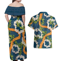 Aloha Festive Hawaii Couples Matching Off Shoulder Maxi Dress and Hawaiian Shirt Mokihana - Maile and Ilima on Navy Blue - Polynesian Pride