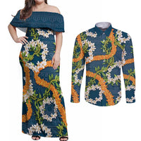 Aloha Festive Hawaii Couples Matching Off Shoulder Maxi Dress and Long Sleeve Button Shirt Mokihana - Maile and Ilima on Navy Blue - Polynesian Pride