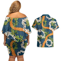 Aloha Festive Hawaii Couples Matching Off Shoulder Short Dress and Hawaiian Shirt Mokihana - Maile and Ilima on Navy Blue - Polynesian Pride